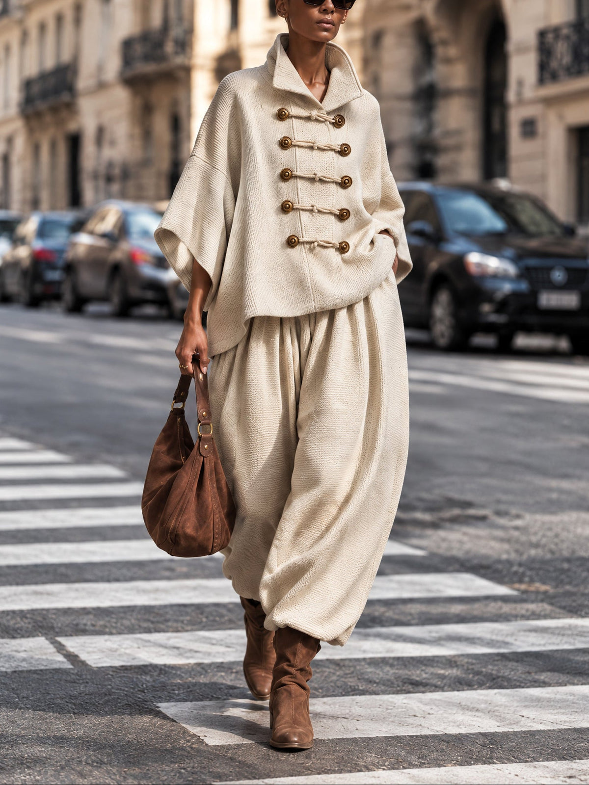 Honorine – Ensemble Haut Oversize à Col Superposé et Brandebourgs avec Pantalon Large