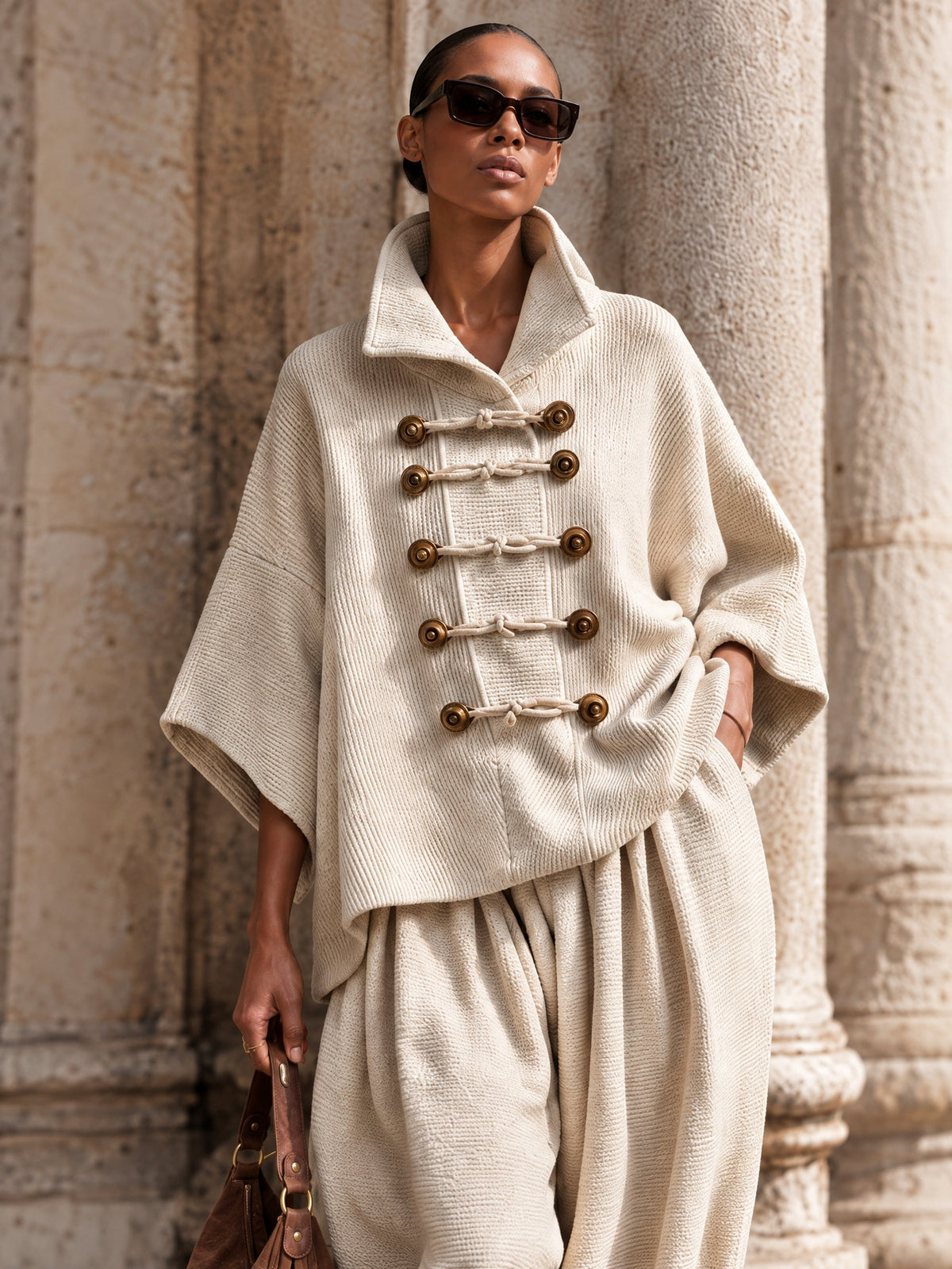 Honorine – Ensemble Haut Oversize à Col Superposé et Brandebourgs avec Pantalon Large