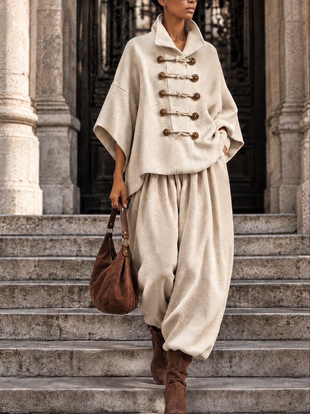 Honorine – Ensemble Haut Oversize à Col Superposé et Brandebourgs avec Pantalon Large