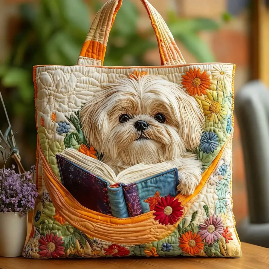 Sac Artisanal - Shih Tzu avec Livres et Fleurs