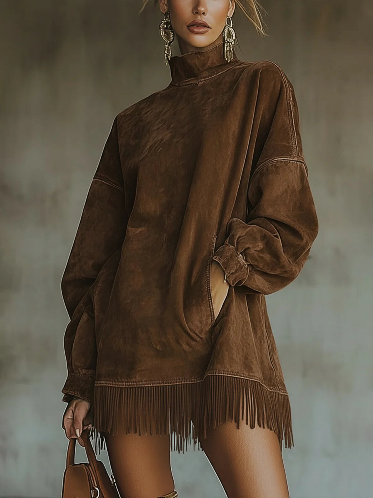 Oriane | Robe en Daim à Col Montant et Franges