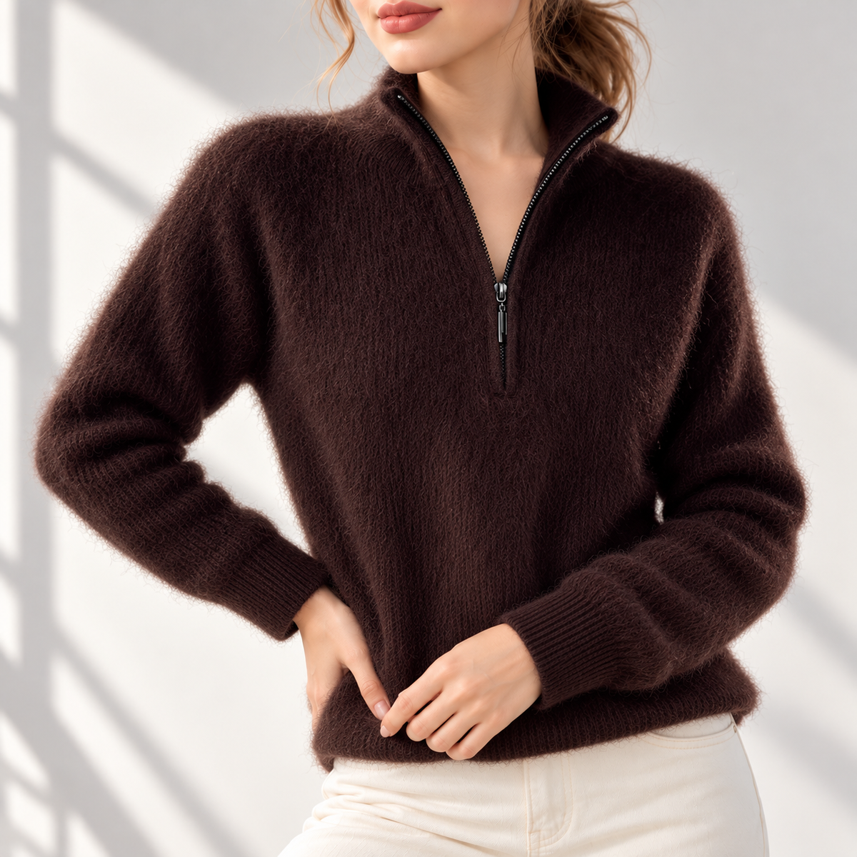 Valentine – Pull en Cachemire Vison à Demi-Zip