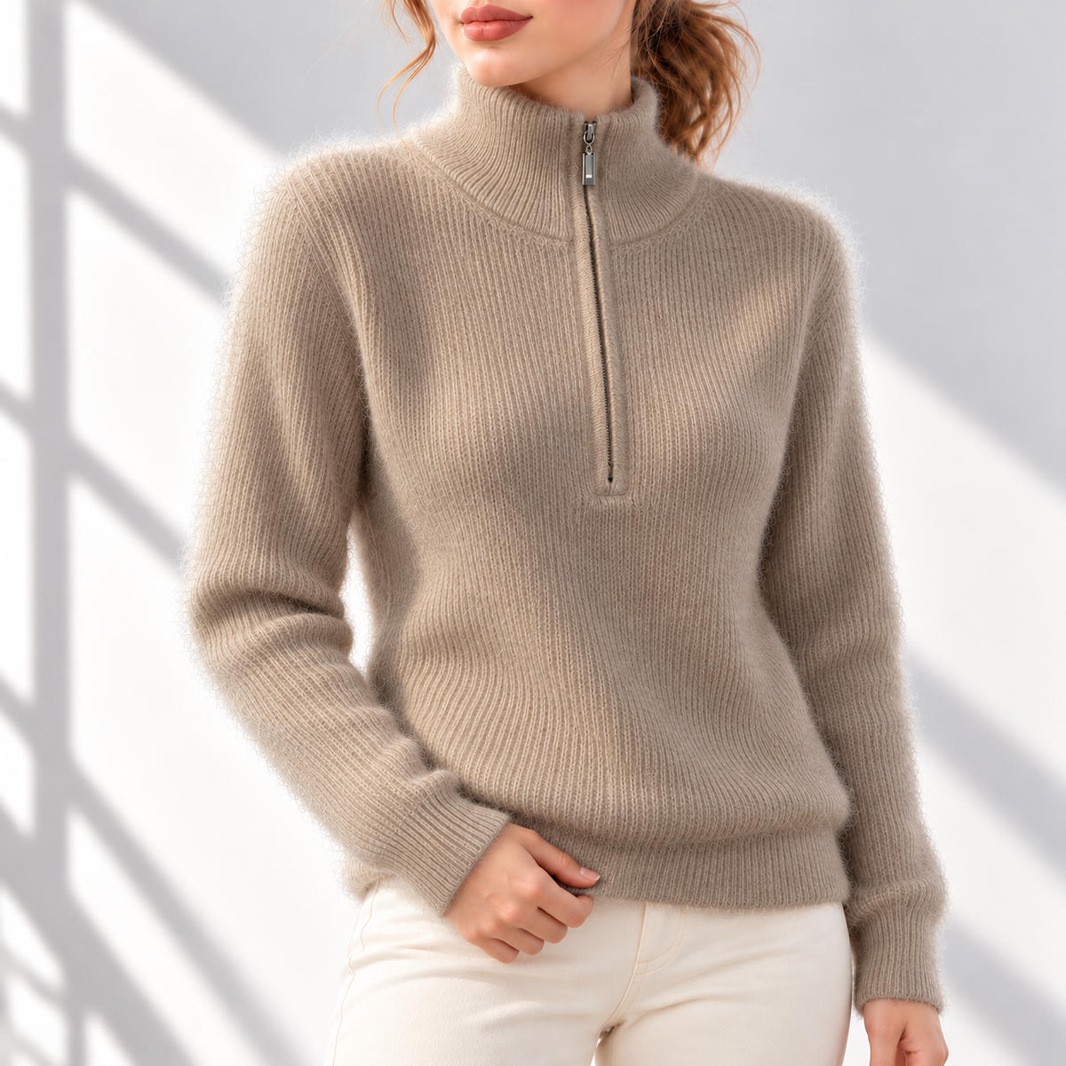 Valentine – Pull en Cachemire Vison à Demi-Zip