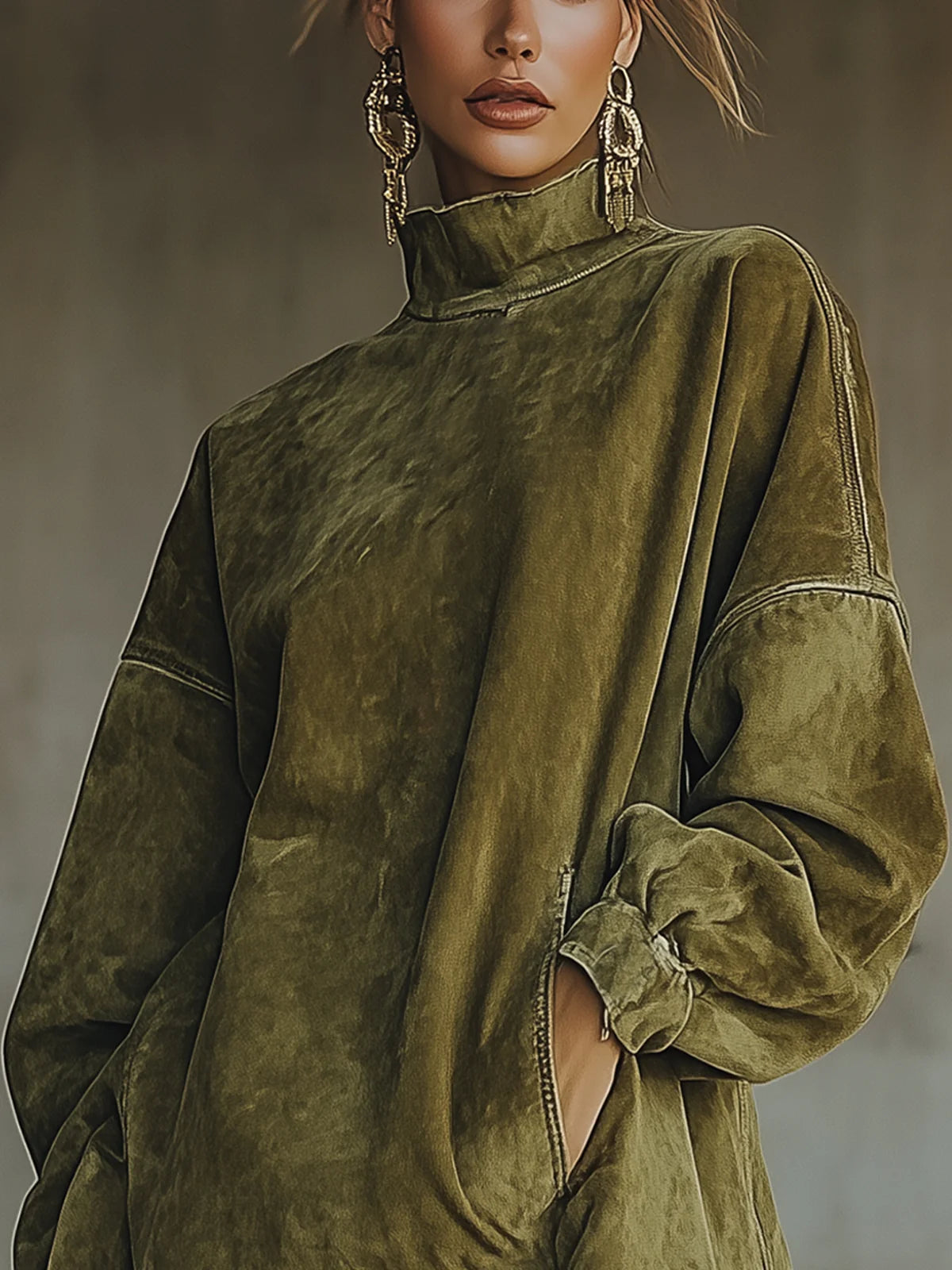 Oriane | Robe en Daim à Col Montant et Franges