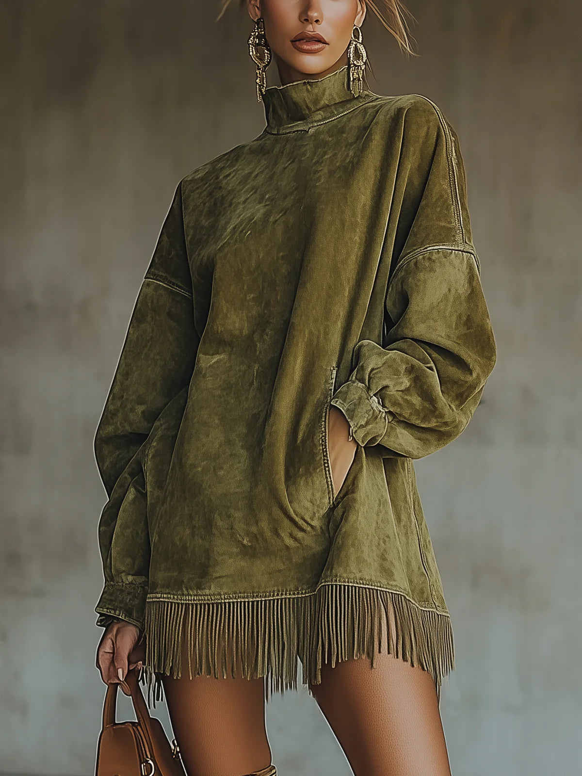 Oriane | Robe en Daim à Col Montant et Franges