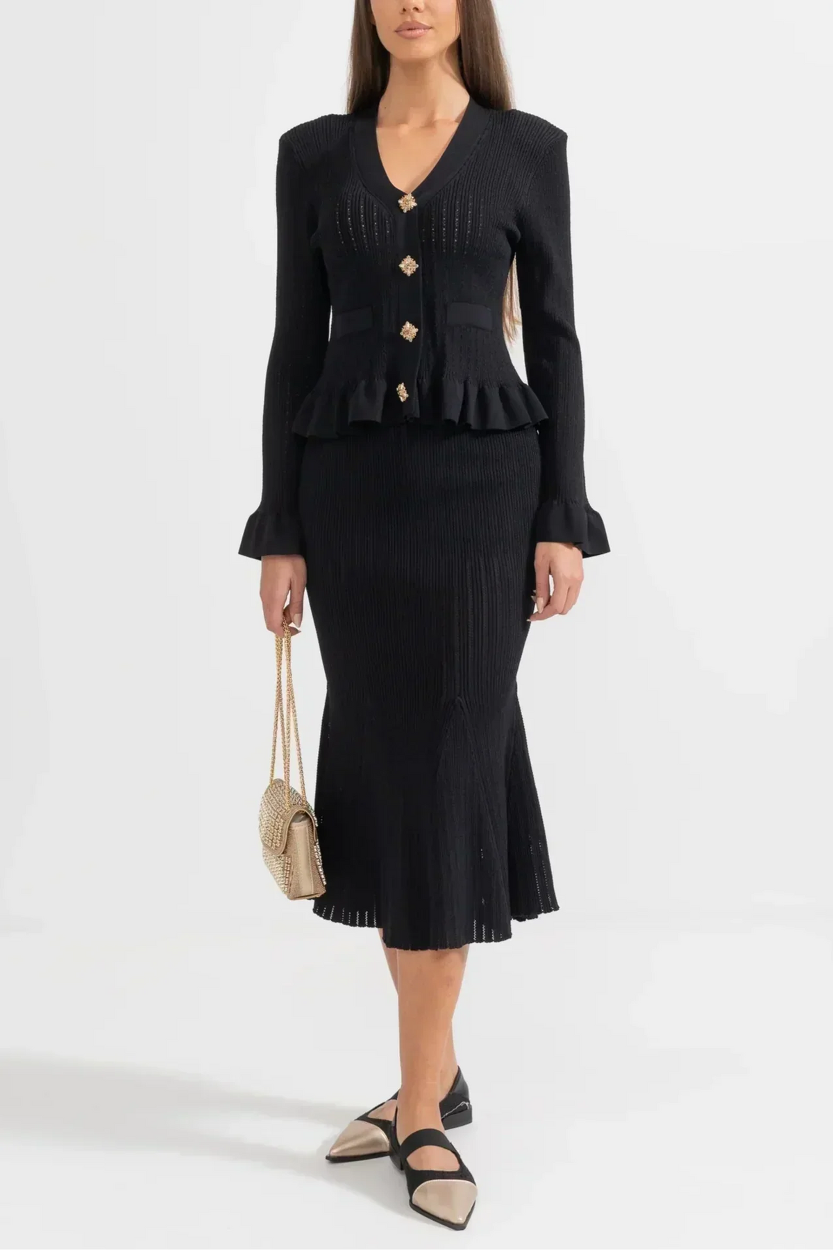 Prudence - Ensemble robe midi en maille fine et haut à boutons