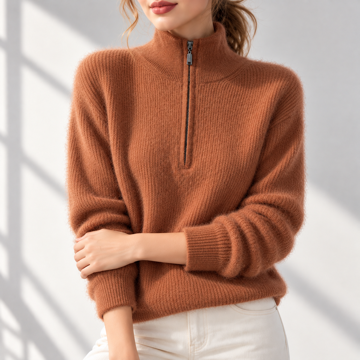 Valentine – Pull en Cachemire Vison à Demi-Zip
