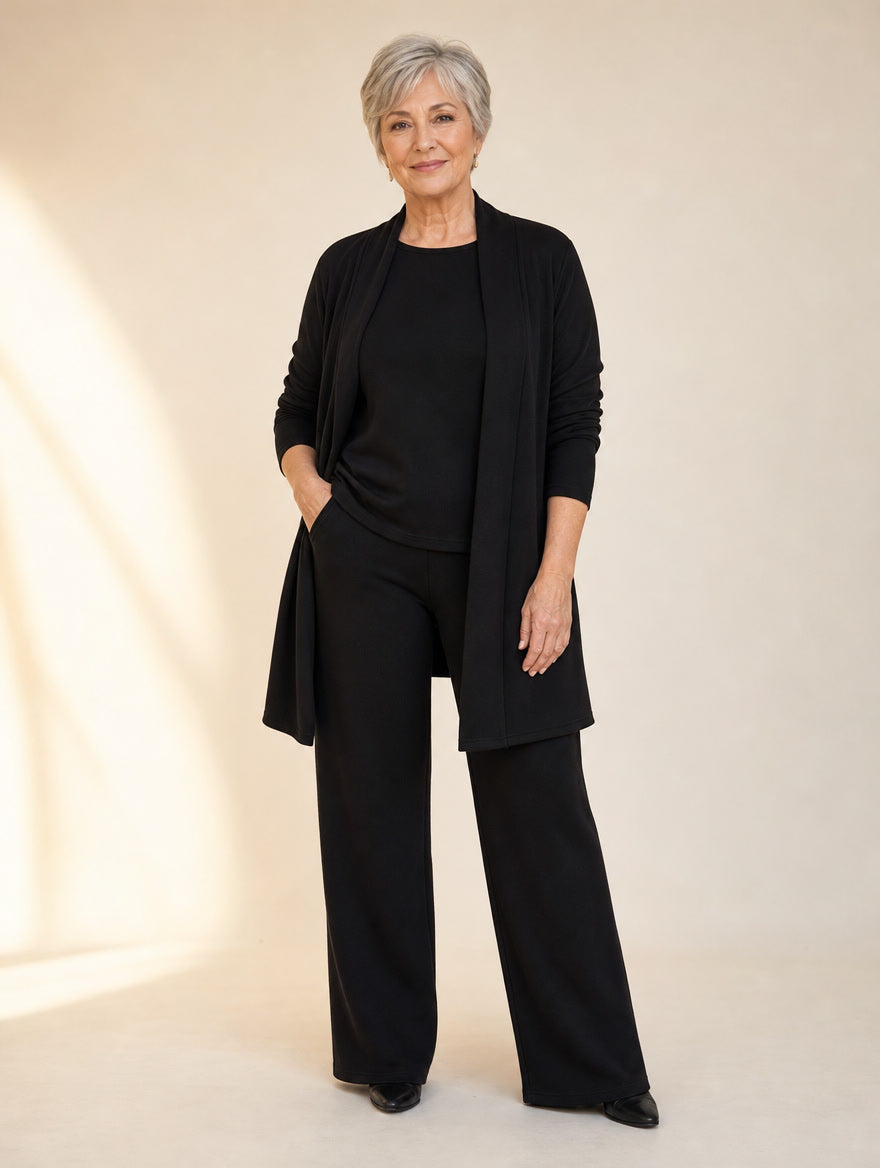 Clémence – Ensemble Élégant 3 Pièces : Gilet Long, Haut et Pantalon