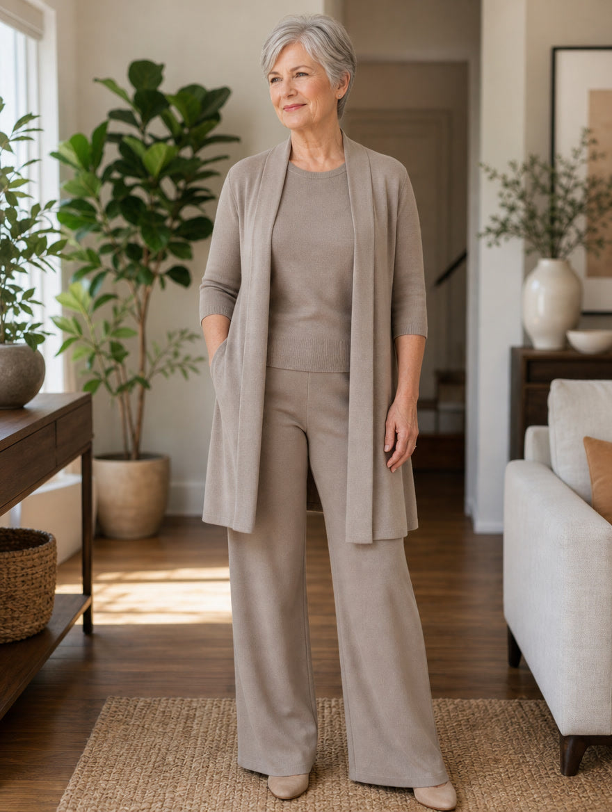 Clémence – Ensemble Élégant 3 Pièces : Gilet Long, Haut et Pantalon