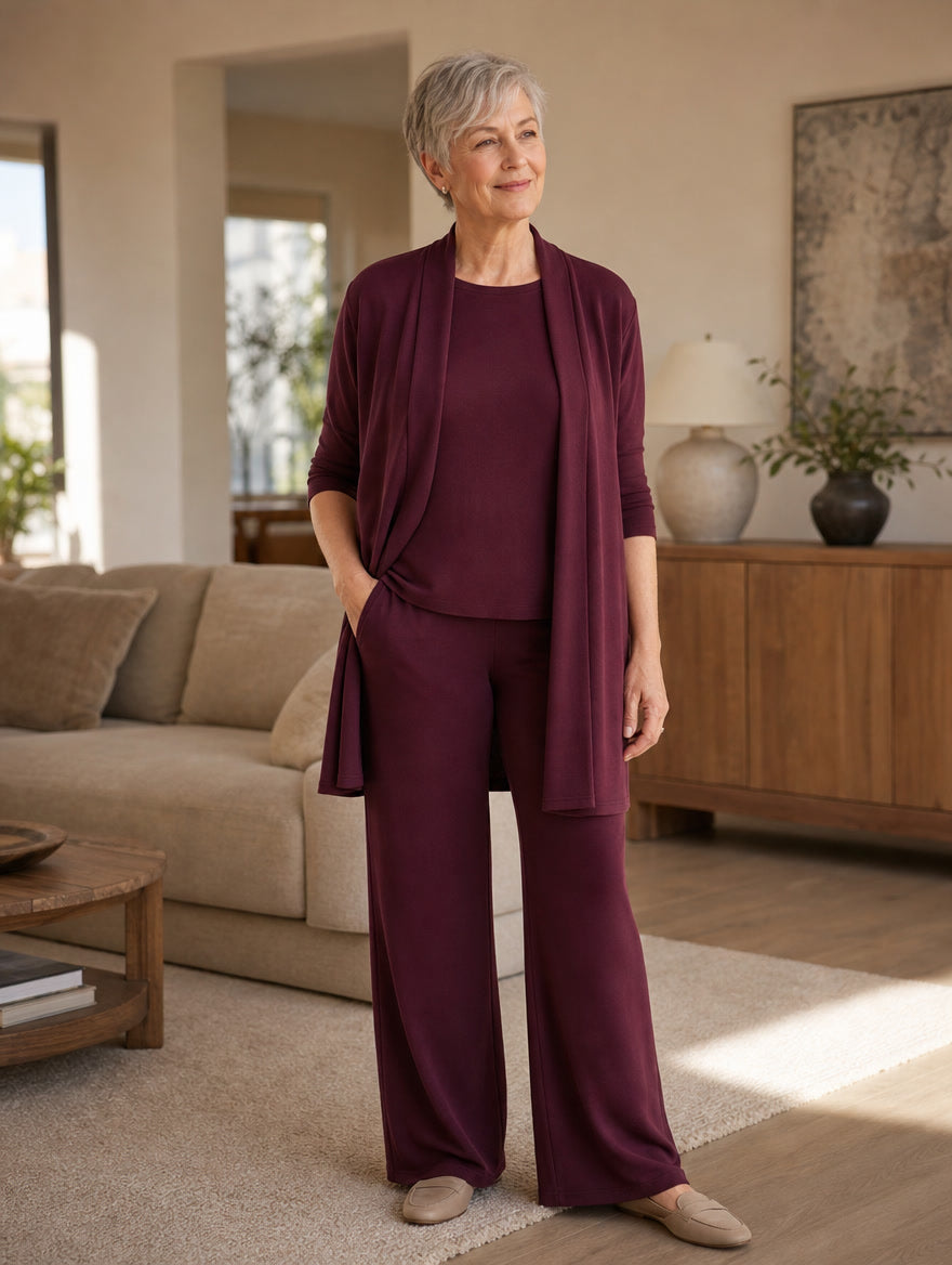Clémence – Ensemble Élégant 3 Pièces : Gilet Long, Haut et Pantalon