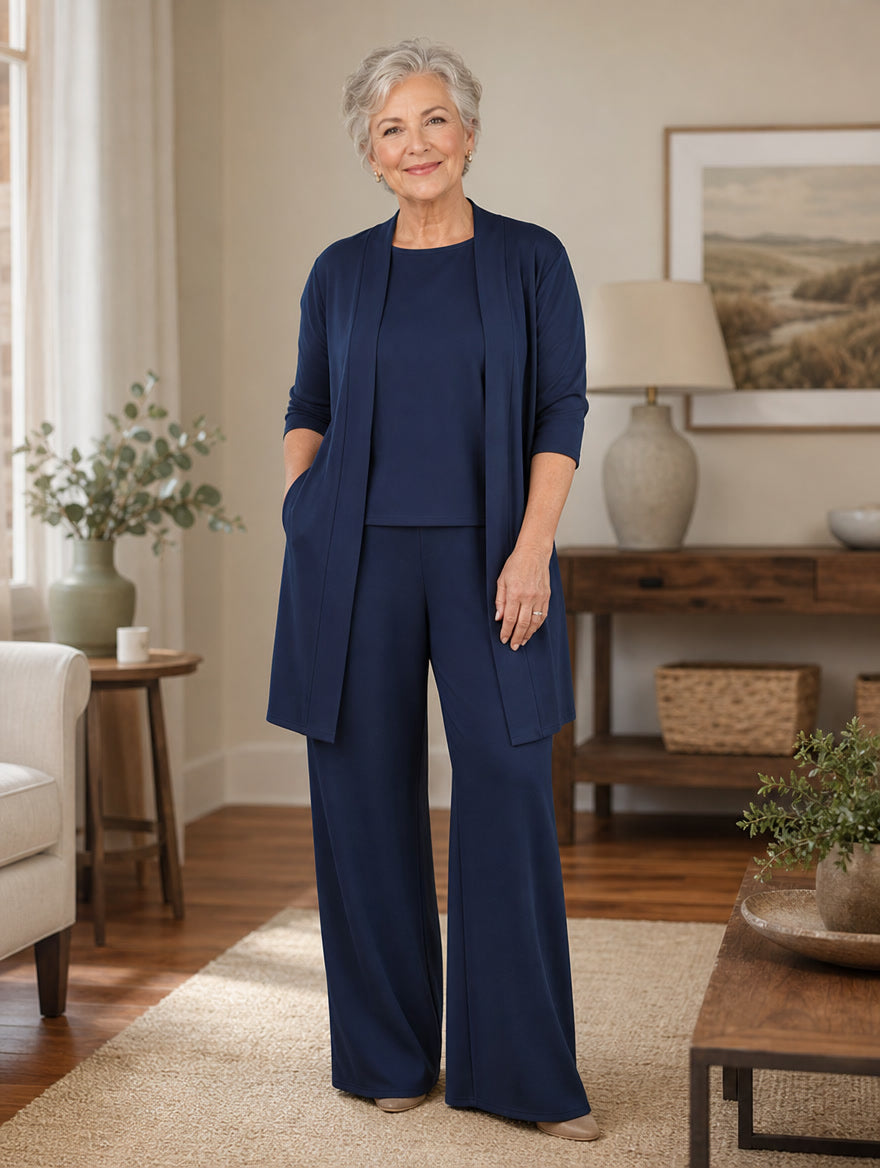 Clémence – Ensemble Élégant 3 Pièces : Gilet Long, Haut et Pantalon