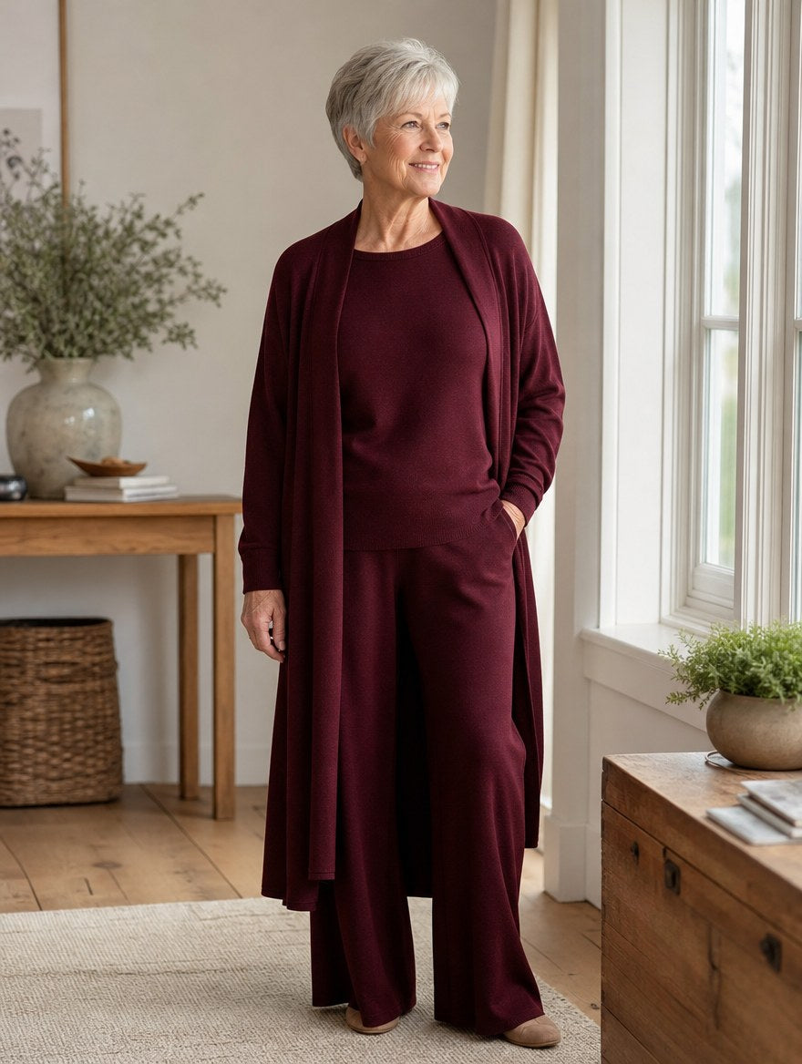 Clémence – Ensemble Élégant 3 Pièces : Gilet Long, Haut et Pantalon