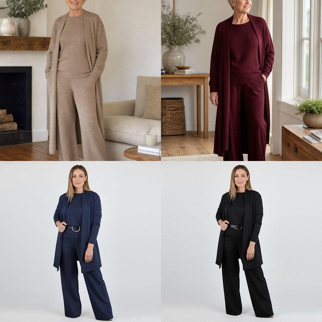 Clémence – Ensemble Élégant 3 Pièces : Gilet Long, Haut et Pantalon