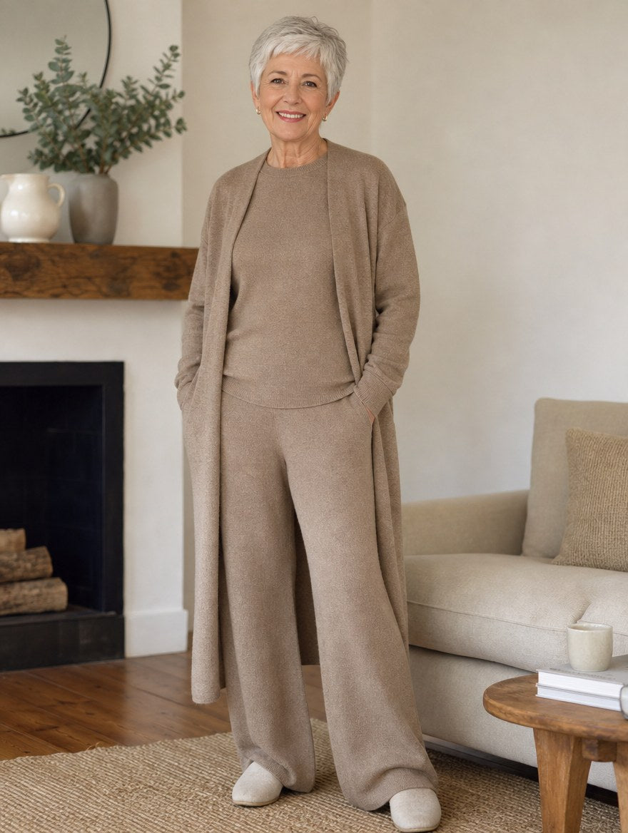 Clémence – Ensemble Élégant 3 Pièces : Gilet Long, Haut et Pantalon
