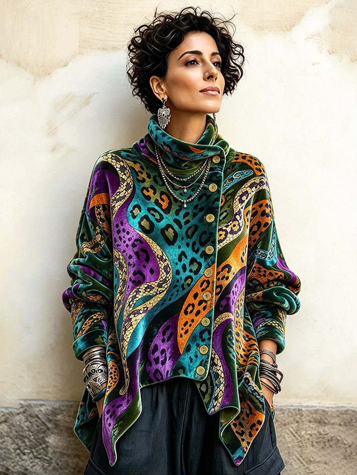 Marguerite™ | Cardigan Drapé Rétro à Imprimé Animal Abstrait