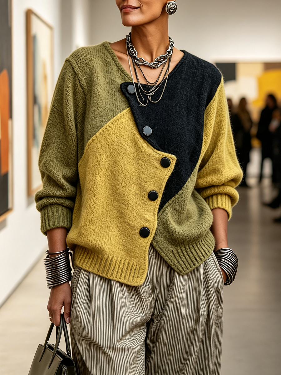 Ghislaine | Cardigan en Maille Color-Block à Boutons Asymétriques