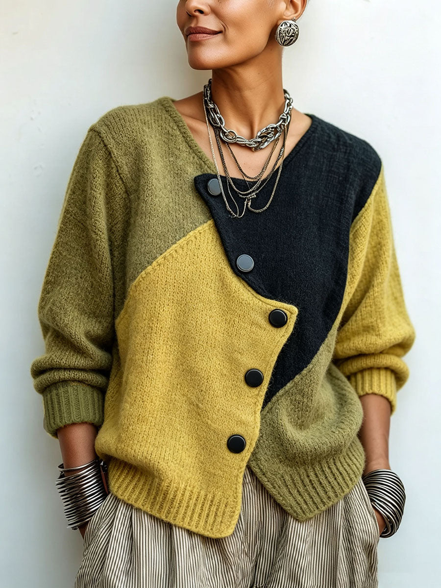 Ghislaine | Cardigan en Maille Color-Block à Boutons Asymétriques