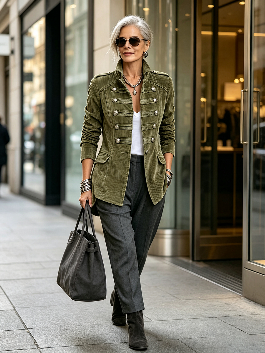 Céleste – Veste Militaire Classique en Velours Côtelé Olive