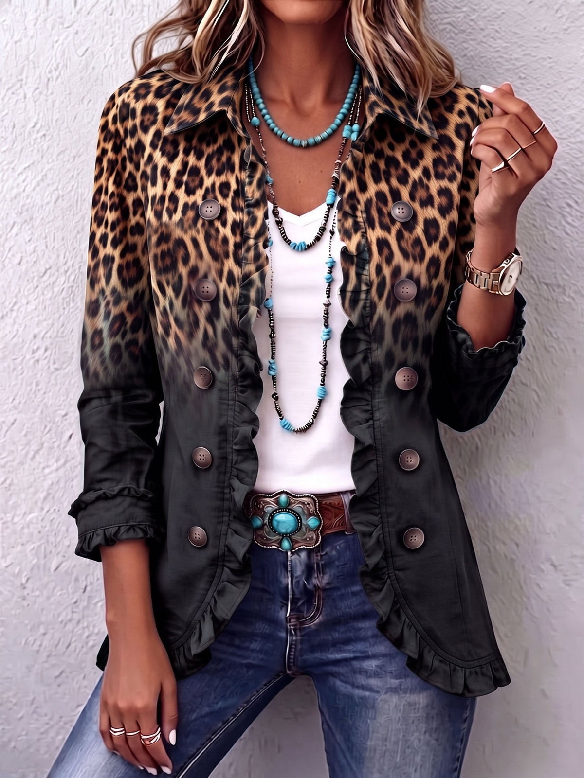 Sabina | Veste Blazer Léopard Noir à Volants